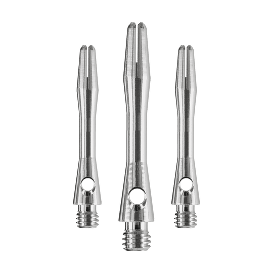 Das Bild zeigt drei silberfarbene Dartschäfte aus Metall. Es handelt sich um das Produkt "Harrows Keramic Shafts - Gun Metal".