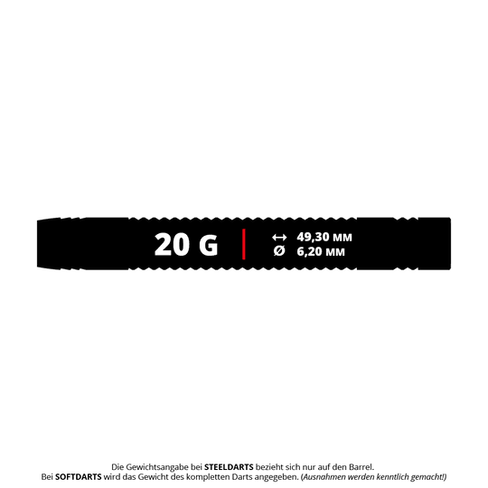 Bulls Jermaine Wattimena Generation 3 Soft Darts - 20g Das Bild zeigt die Maße und das Gewicht des Bulls Jermaine Wattimena Generation 3 Softdarts mit 20 Gramm. Der Dart ist 49,30 mm lang und hat einen Durchmesser von 6,20 mm.
