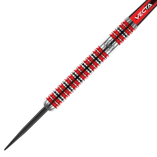 1480_Winmau_Diablo_Parallel_Steeldarts_2 Das Bild zeigt einen Steeldartpfeil mit einer rot-silbernen, geriffelten Oberfläche. Auf dem Schaft steht das Wort "VECTA".