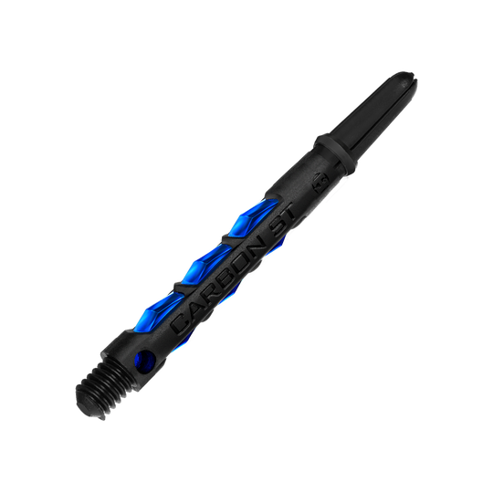Das Bild zeigt einen Harrows Carbon ST Shafts in der Farbe Blau. Der Schaft hat ein modernes, schwarzes Design mit blauen Akzenten.