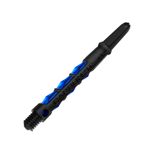 HR415_Harrows_Carbon_ST_Shafts_Blau_47mm_2 Das Bild zeigt einen Harrows Carbon ST Shafts in der Farbe Blau. Der Schaft hat ein modernes, schwarzes Design mit blauen Akzenten.