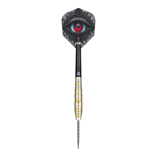 Shot Celt Balor Steeldarts Dieses Bild zeigt einen Steeldartpfeil des Produkts "Shot Celt Balor Steeldarts". Auf dem Flight ist ein auffälliges Auge in blauen und roten Farbtönen abgebildet.