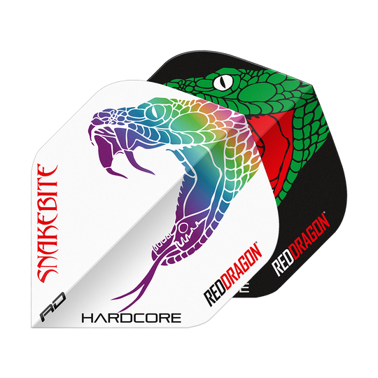 Red Dragon Peter Wright Snakebite Black White Yin Yang Standard Flights Das Bild zeigt zwei Dart-Flights mit auffälligen Schlangenmuster-Designs in Schwarz und Weiß. Auf beiden Flights stehen die Wörter "Snakebite" und "Red Dragon".