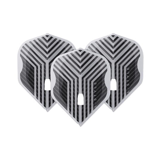Ein Set L-Style Arno Merk V1 Clear White L1PRO Flights ist vollständig zu sehen. Die Flights sind in transparenter Optik gehalten.