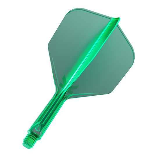 Das Bild zeigt eine grüne Dart-Flügel- und Schaft-Kombination. Das Material wirkt transparent und hat eine glatte Oberfläche.