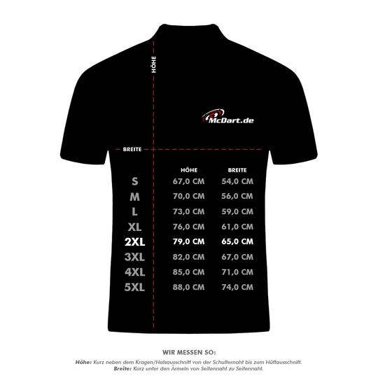 HRS-26036_Harrows_Paragon_Dartshirts_5_XXLjA22LhLtbRysl Das Bild zeigt eine Größentabelle für das Produkt "Harrows Paragon Dartshirt - Gelb". Die Tabelle listet die Maße für Höhe und Breite in Zentimetern für die Größen S bis 5XL auf.