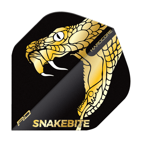 TF6837_Red_Dragon_Hardcore_Premium_Peter_Wright_Snakebite_Gold_Snake_Standard_Flights_1Ykknr8e6Ckfa1 Das Bild zeigt einen Dart Flight mit einem goldenen Schlangenkopf auf schwarzem Hintergrund. Unten steht in goldener Schrift "SNAKEBITE" und oben rechts steht "HARDCORE".