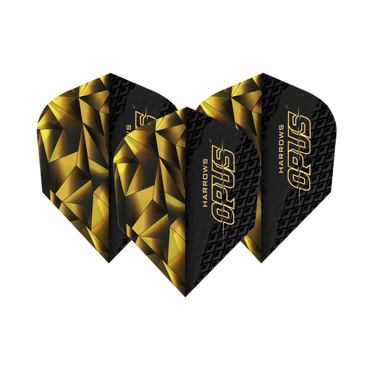 Das Bild zeigt die Harrows Opus Version 1 Flights. Sie haben ein auffälliges schwarzes und goldenes geometrisches Design mit dem Schriftzug "OPUS" darauf.