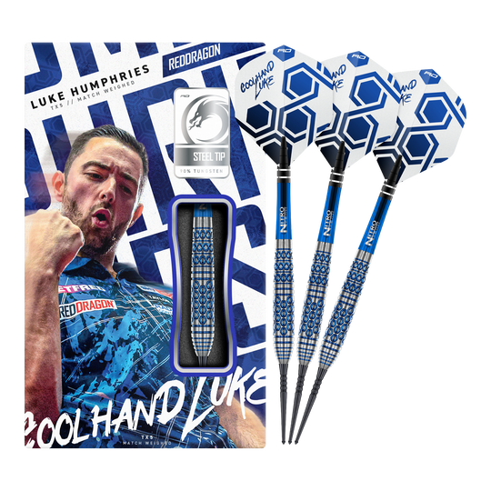 Red Dragon Luke Humphries TX5 steel darts Auf dem Bild ist das vollständige Set der Red Dragon Luke Humphries TX5 Steeldarts zu sehen. Die Steeldarts werden in ihrer Gesamtheit präsentiert.
