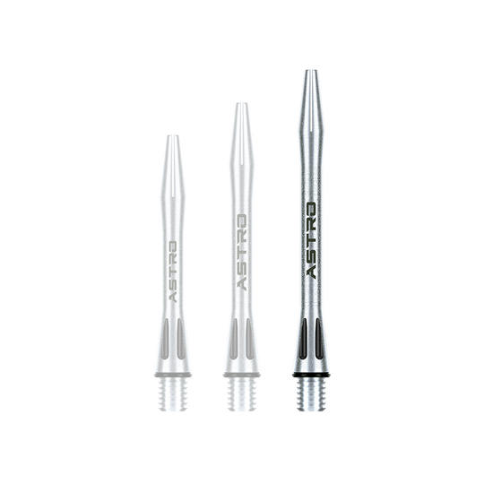 Das Bild zeigt drei silberne Aluminium Shafts für Dartpfeile der Marke Winmau Astro. Auf jedem Shaft steht das Wort "ASTRO" und sie sind in verschiedenen Längen abgebildet.