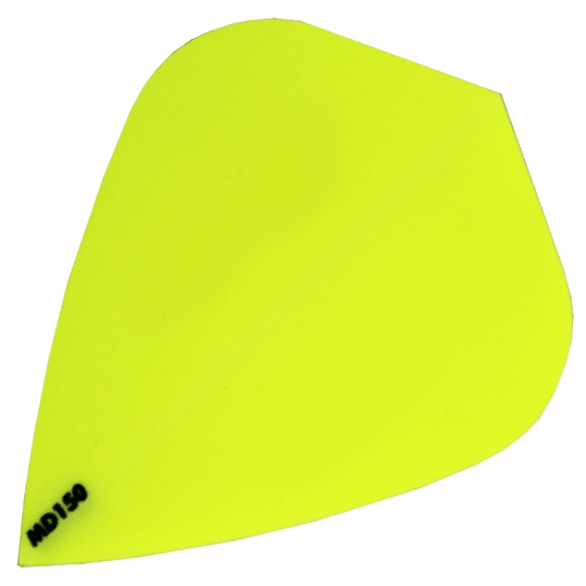Das Bild zeigt ein leuchtend gelbes Dartflight des Modells „McDart MD150 – Kite Flight“. In der unteren linken Ecke steht in schwarzer Schrift „MD150“.
