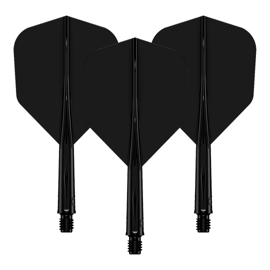 Mission Force 90 No6 Flight Shaft System - Black Das Bild zeigt drei schwarze Dartflights mit passenden Dartschäften. Sie sind hintereinander angeordnet und haben eine glänzende Oberfläche.
