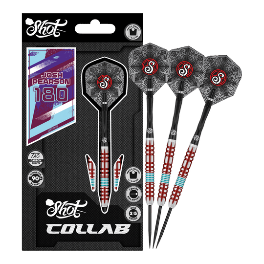 Das Produkt Shot Collab Pro Series Josh Pearson Steeldarts - 23g wird gezeigt. Die Darts besitzen eine präzise Verarbeitung für maximale Leistung.