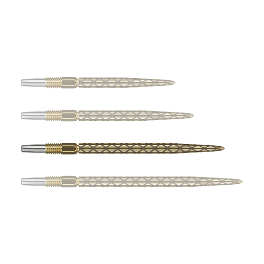 Target Swiss Diamond Pro Gold dart tips Das Bild zeigt vier goldfarbene Dartspitzen mit rautenförmigem Muster. Die Spitzen sind nebeneinander angeordnet und haben am Ende einen silbernen Abschnitt.