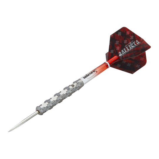 Unicorn Ballista Style 1 steel darts Dies ist ein Steeldart aus der Produktreihe "Unicorn Ballista Style 1". Er hat einen silbernen, strukturierten Schaft und rote Flights mit Muster.