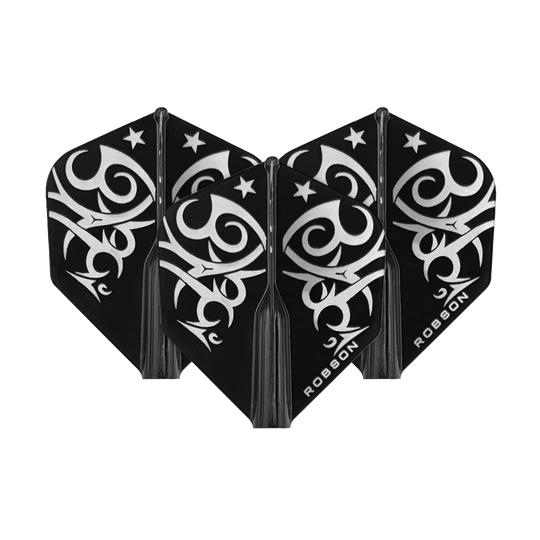 Das Bild zeigt drei schwarze Dart-Flights mit einem silbernen Tribal-Muster. Auf den Flights steht das Wort "ROBSON".