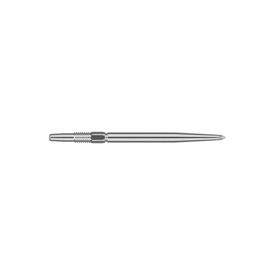 Target Swiss Point Silver dart tips Das Bild zeigt eine silberne Dartspitze mit einer Länge von 30 mm. Die Spitze ist schmal und hat feine Rillen im hinteren Bereich für besseren Halt.