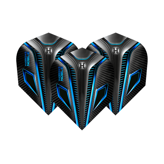 HR7_Harrows_Noble_Aqua_Standard_Flights_14J8PBJ8cZpXWT Das Bild zeigt drei Harrows Noble Aqua Standard Flights für Dartpfeile. Die Flights haben ein modernes Design in Schwarz mit blauen und silbernen Akzenten.