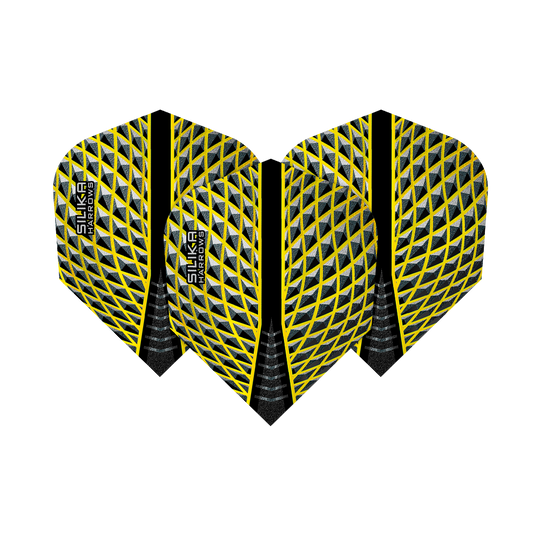 HR86_Harrows_Silika_Yellow_No6_Flights_1j2IQg7MJt5lfI Das Bild zeigt drei Harrows Silika Yellow No6 Flights mit einem gelben und schwarzen Muster. Die Flights haben ein auffälliges, rautenförmiges Design und das Harrows Silika Logo.