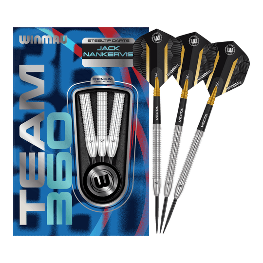 Winmau Team 360 Jack Nankervis steel darts - 24g Auf dem Bild sind die Winmau Team 360 Jack Nankervis Steeldarts mit 24g zu sehen. Diese Steeldarts bieten eine ausgezeichnete Kontrolle beim Wurf.