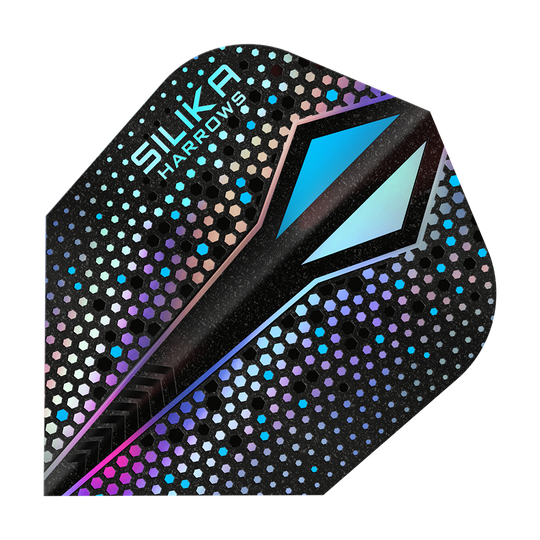 Das Bild zeigt ein Dart-Flight mit dem Namen "Harrows Silika Colourshift Tough Crystalline Coating Silver-X No6". Das Flight hat ein glänzendes, sechseckiges Muster mit schimmernden Farben und einem markanten blauen Designelement.
