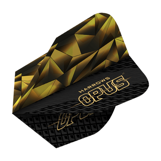 Das Bild zeigt das Produkt "Harrows Opus Version 1 Flights". Das Design ist in Schwarz und Gold mit geometrischen Mustern und dem Schriftzug "OPUS" gestaltet.