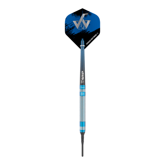 Bulls Jermaine Wattimena Generation 3 Soft Darts - 20g Das Bild zeigt einen Bulls Jermaine Wattimena Generation 3 Softdart mit 20g Gewicht. Der Dartpfeil hat ein auffälliges blau-silbernes Design und ein schwarzes Flight mit silbernem Logo.