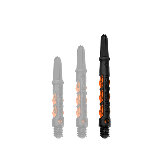 Das Bild zeigt drei Harrows Carbon ST Shafts in der Farbe Orange. Sie sind in unterschiedlichen Längen abgebildet und bestehen aus schwarzem Material mit orangenen Akzenten.