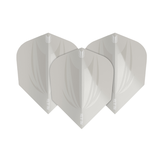 Das Bild zeigt drei graue Dart-Flights des Modells "Target ProUltra ID Grey No6". Die Flights haben ein schlichtes, modernes Design mit einem dezenten Muster.