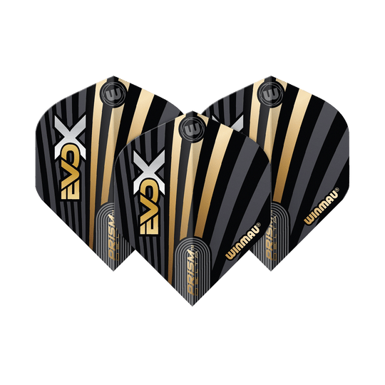 Das Bild zeigt drei Winmau Prism Delta MvG Evo-X No2 Standard Flights. Sie haben ein schwarzes Design mit goldenen und silbernen Streifen sowie dem Winmau-Logo.