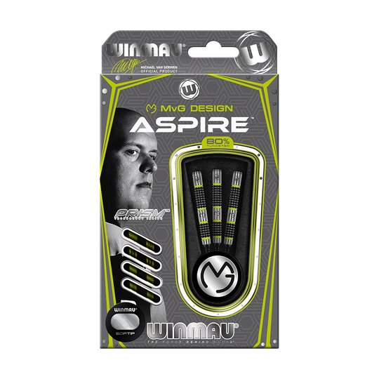 2433_Winmau_Michael_Van_Gerwen_MvG_Aspire_Softdarts_3 Winmau Michael Van Gerwen MvG Aspire Softdarts 20g sind Dartpfeile mit modernen Akzenten. Sie werden nebeneinander präsentiert.