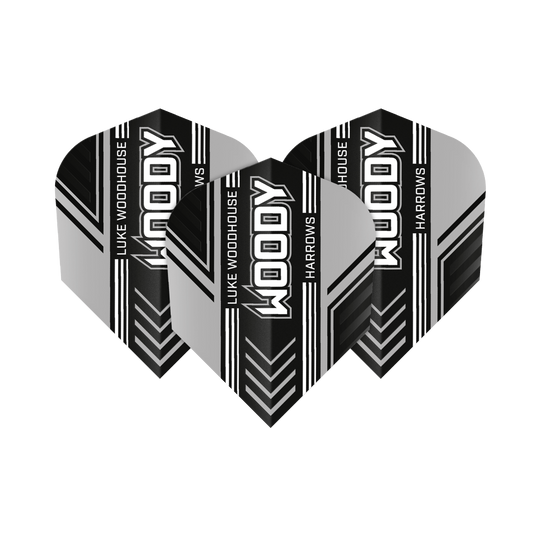 Harrows Prime Luke Woodhouse Woody No6 Flights Das Bild zeigt drei Dart-Flights mit dem Aufdruck "WOODY", "LUKE WOODHOUSE" und "HARROWS". Die Flights sind in Schwarz, Weiß und Grau gestaltet und haben ein modernes Streifendesign.