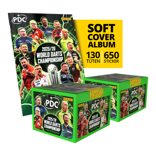 Panini PDC World Darts Championship 2025/26 - Softcover Mega Bundle with two sticker boxes Gezeigt wird das Panini PDC World Darts Championship 2025/26 Softcover Mega Bundle mit zwei Stickerboxen. Das Mega Bundle bietet noch mehr Sticker zum Sammeln und Tauschen.