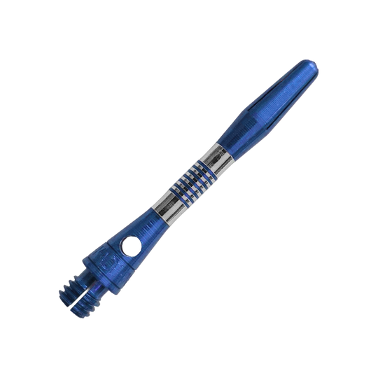 Blauer Aluminium Dart Schaft mit 34mm Länge ist zu sehen. Ideal für individuelle Dartpfeile und Präzision beim Spiel.