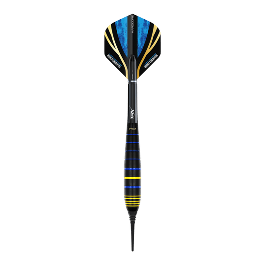 Das Bild zeigt einen Red Dragon Luke Humphries World Champion Brass Softdart mit 20g Gewicht. Der Dart ist schwarz mit blauen und gelben Akzenten gestaltet.