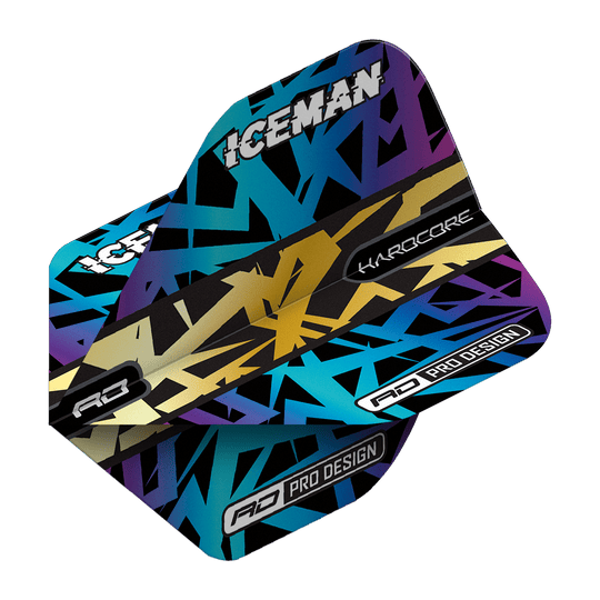 TF6826_Red_Dragon_Hardcore_Gerwyn_Price_Rainbow_Gold_Standard_Flights_2LqngRvR8k9DaC Das Bild zeigt die Red Dragon Hardcore Gerwyn Price Rainbow Gold Standard Flights. Die Flights haben ein auffälliges, buntes Design mit den Aufschriften "ICEMAN", "HARDCORE" und "PRO DESIGN".