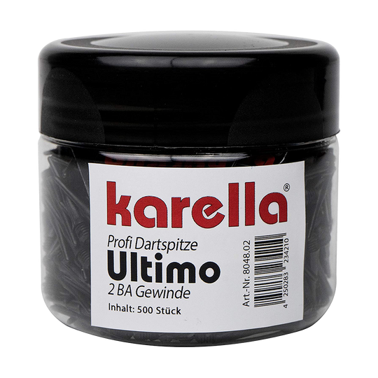 804802_Karella_Ultimo_Softdartspitzen_500Stk_in_der_Dose_Schwarz_2 Das Bild zeigt eine Dose mit 500 schwarzen Karella Ultimo Softdartspitzen. Auf dem Etikett steht der Produktname und weitere Informationen zur Größe und Anzahl der Spitzen.