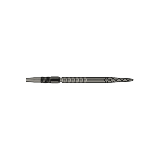 Target Swiss DS Surge Point dart tips - Black Das Bild zeigt eine schwarze Dartspitze mit Rillen und einem strukturierten Muster. Sie ist schmal und lang, typisch für Präzisionsdarts.