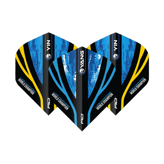 Red Dragon Luke Humphries World Champion Blue Gold Yin Yang Standard Flights Das Bild zeigt drei Dart-Flights mit dem Design "Red Dragon Luke Humphries World Champion Blue Gold Yin Yang Standard Flights". Die Flights sind in Blau, Schwarz und Gold gehalten und tragen die Aufschrift "World Champion".