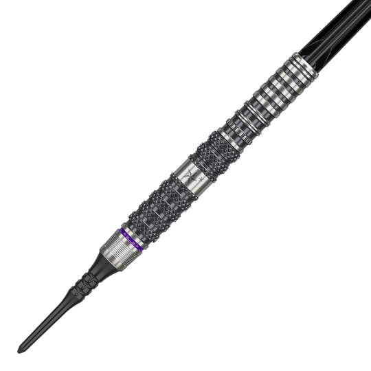 Target Japan Yuta Hayashi Sirius GEN3 Soft Darts - 19g Das Bild zeigt den Target Japan Yuta Hayashi Sirius GEN3 Softdart mit einem Gewicht von 19g. Der Dart hat ein silbernes, strukturiertes Barrel mit schwarzen und lilafarbenen Akzenten.