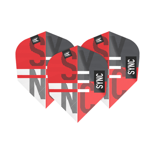 Das Bild zeigt drei rote und graue Dartflights mit der Aufschrift "SYNC". Es handelt sich um das Produkt "Target ProUltra Sync No6 Flights".