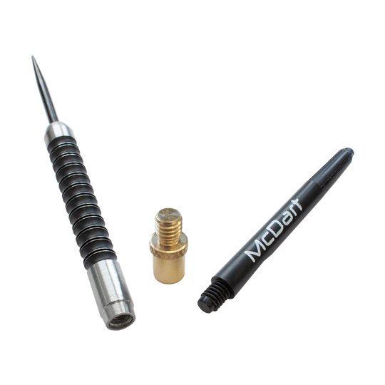 Addagramms Zusatzgewichte Das Bild zeigt das Produkt „Addagramms Zusatzgewichte“ für Dartpfeile. Zu sehen sind ein Dartspitze, ein Zusatzgewicht und ein Schaft.