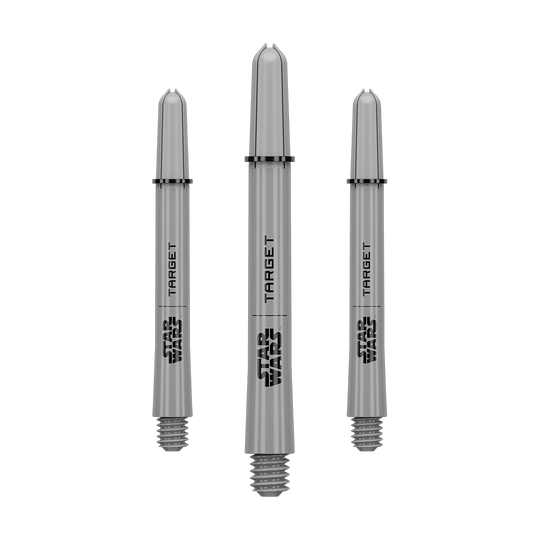 Target Star Wars ProGrip Shafts - Gray Das Bild zeigt ein Dart-Zubehör mit dem Dateinamen 380432_Target_StarWars_ProGrip_Shafts_Grau_Medium_48mm_1Set. Es handelt sich vermutlich um einen grauen Medium ProGrip Shaft von Star Wars mit 48mm Länge als Set.