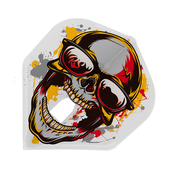 L-Style Marijanovic V1 L1PRO Standard Flights Das Bild zeigt das Produkt „L-Style Marijanovic V1 L1PRO Standard Flights“. Auf dem Flight ist ein farbenfrohes Totenkopfdesign mit Sonnenbrille und bunten Farbspritzern abgebildet.