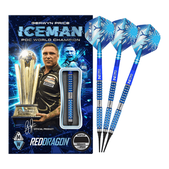 Das Bild zeigt das Produkt "Red Dragon Gerwyn Price Glacier Softdarts - 18g" mit einer auffälligen blauen Verpackung. Neben der Verpackung sind drei blaue Softdarts mit dem Schriftzug "ICEMAN" und einem Eismuster abgebildet.