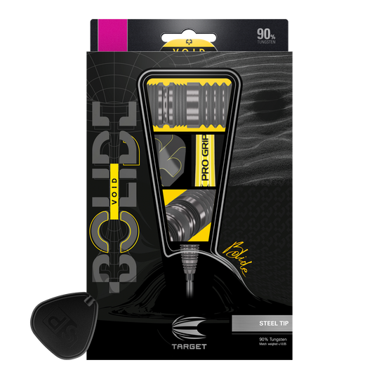 Target Bolide Void 01 Swiss Point Steeldarts Das Bild zeigt die Verpackung der "Target Bolide Void 01 Swiss Point Steeldarts". Auf der Verpackung sind die Darts sowie wichtige Produktinformationen, wie „90 % Tungsten“ und „Pro Grip“, zu sehen.
