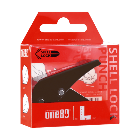 L-Style One80 Shell Lock Punch Flight Punch Das Bild zeigt die Verpackung des Produkts "L-Style One80 Shell Lock Punch Flightlocher". In der Packung befindet sich ein schwarzer Lochstanzer für Dart-Flights.
