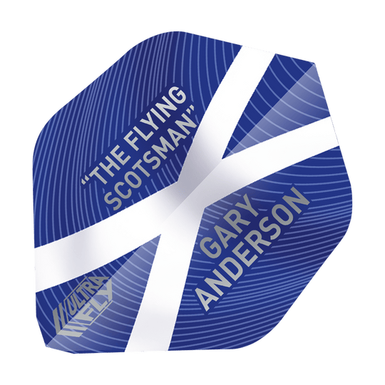 Das Bild zeigt einen blauen Dartflight mit weißem Kreuz, der an die schottische Flagge erinnert. Darauf stehen die Wörter „THE FLYING SCOTSMAN“, „GARY ANDERSON“ und „ULTRA FLY“.