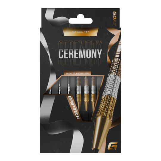 GOAT Ceremony Tungsten Steel Darts Die Abbildung zeigt eine Packung „GOAT Ceremony Tungsten Steeldarts“. Die Verpackung hebt die Eigenschaften wie 90% Tungsten und Grip-Tech besonders hervor.