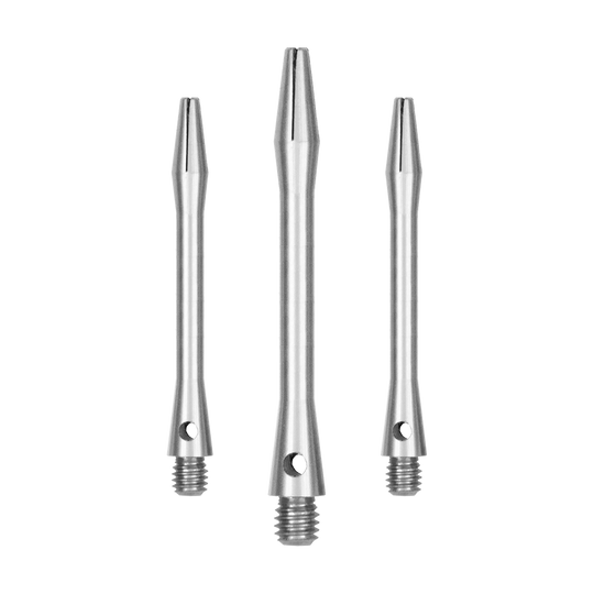 519_Aluminium_Shafts_Silber_46mm_1C5qgvX6TEysXX Das Bild zeigt drei silberne Aluminiumschäfte. Sie sind gerade und haben am unteren Ende ein Gewinde.